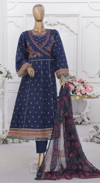 Pakistani Original Bin Saeed Luxury Stitched Cotton Gown 3 Pcs _ Navy Blue 